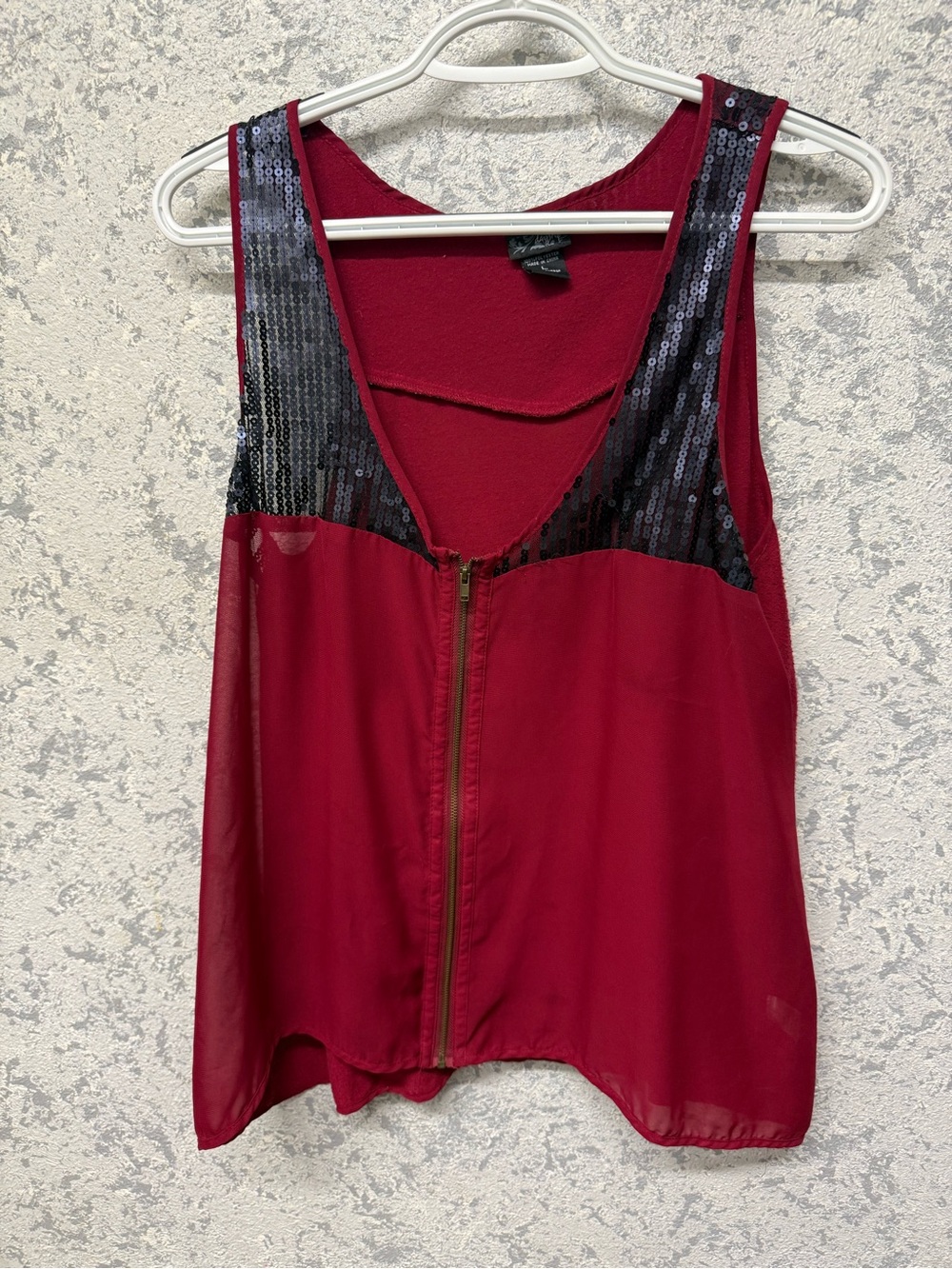 Daytrip Burgundy Tank with Black Sequin Accents and Front Zip
